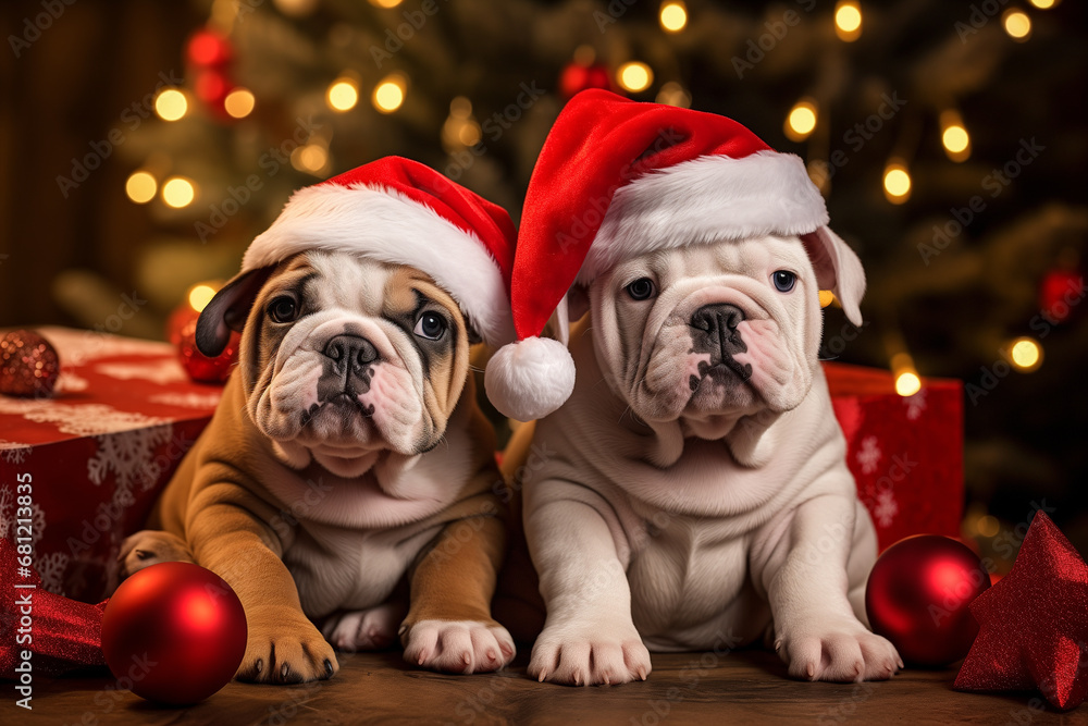 Bulldog Christmas puppies posing