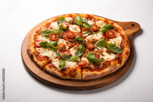 Pizza italiana su sfondo bianco con pomodori mozzarella e basilico freschi