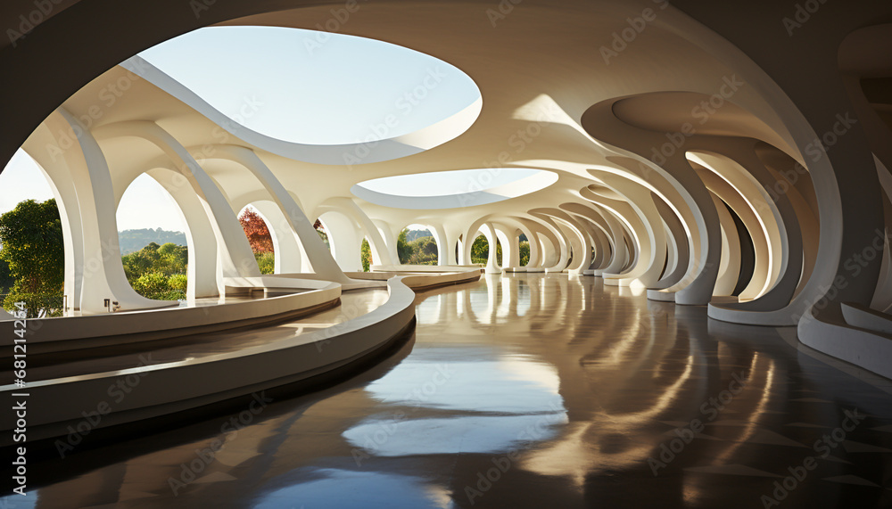Modern architecture reflects in the indoor corridor with abstract design generated by AI Modern architecture reflects in the indoor corridor with abstract design generated by AI