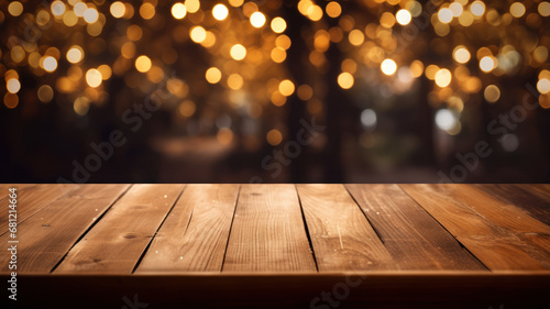 Wooden Table Elegance, Golden Bokeh in Restaurant Space