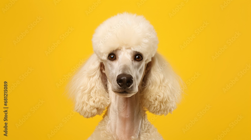 Close-up of joyful Poodle on clean yellow backdrop. Close-up of joyful Poodle on clean yellow backdrop.