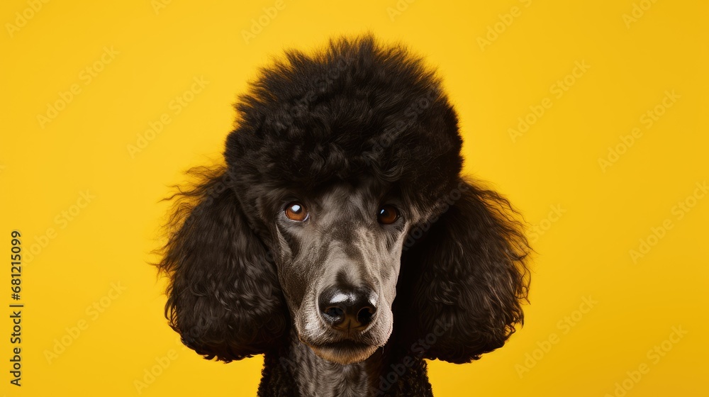 Close-up of joyful Poodle on clean yellow backdrop. Close-up of joyful Poodle on clean yellow backdrop.