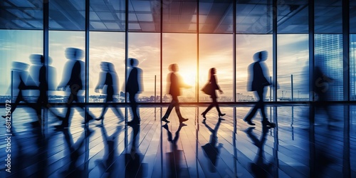 Hurry business people silhouettes walking during rush hour in their workplace. Motion blur effect and long exposure abstract photography