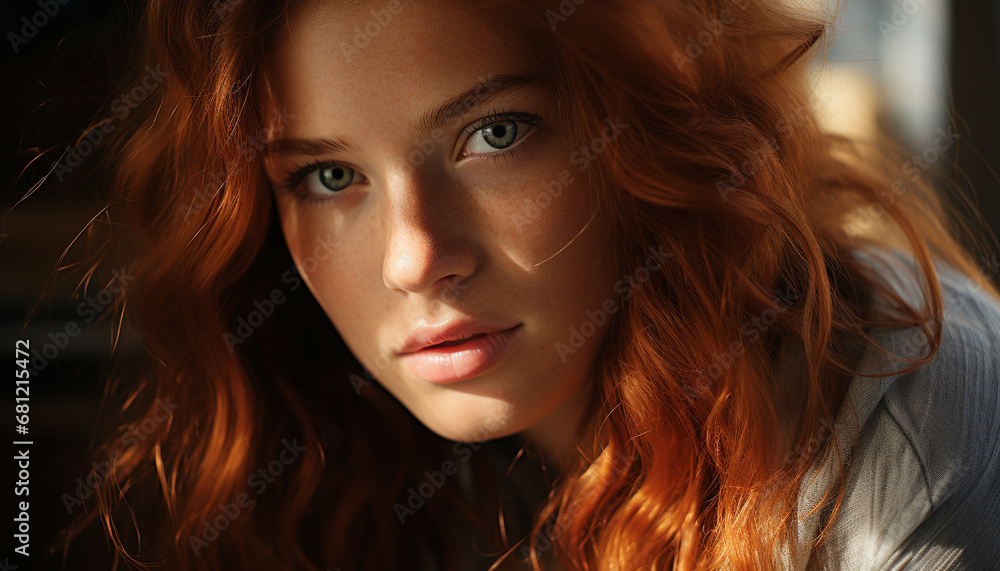 Naklejka premium Beautiful young woman with long brown hair looking at camera generated by AI