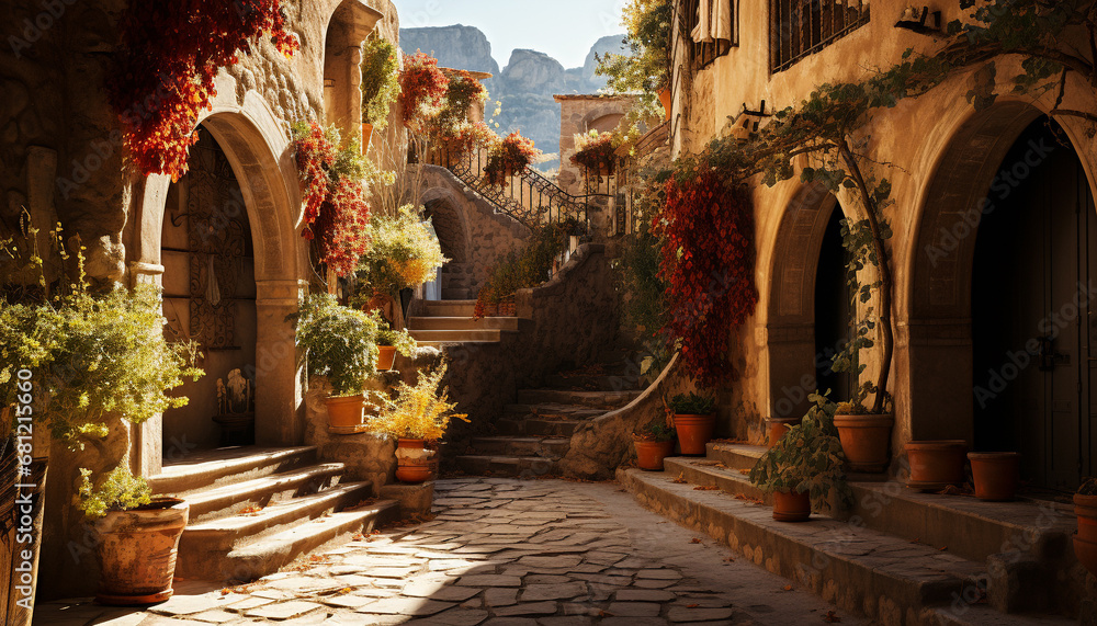 Ancient staircase leads to famous medieval Italian courtyard generated by AI