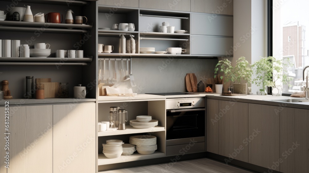 Sleek kitchen design featuring floating shelves with tableware, a grey countertop, and lush greenery adding a touch of nature. Sleek kitchen design featuring floating shelves with tableware, a grey countertop, and lush greenery adding a touch of nature.