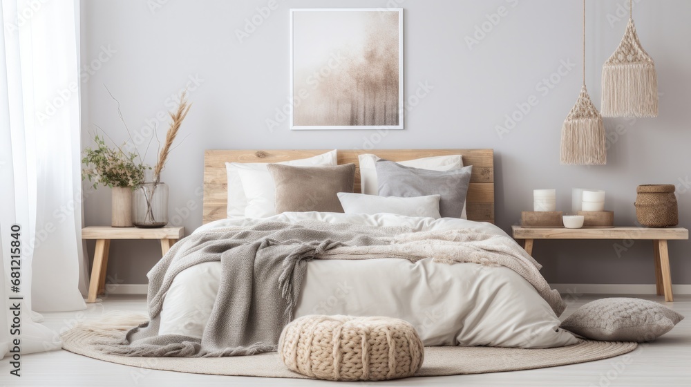 Fototapeta premium Serene bedroom with neutral tones, featuring a cozy bed, textured throws, and natural wood bedside decor.