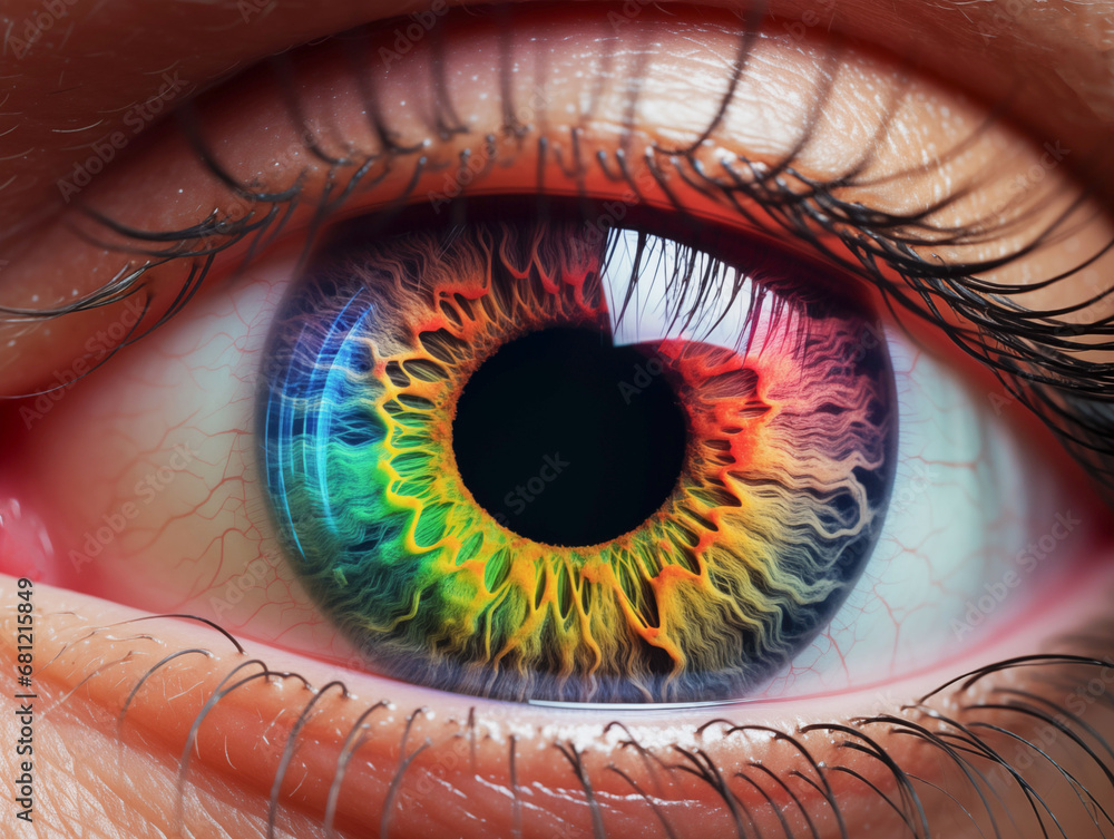 Eye with bright rainbow colored pupil close-up - obrazy, fototapety, plakaty 