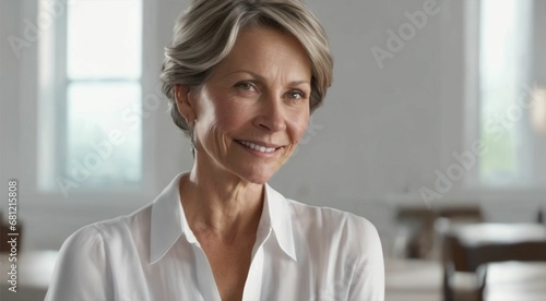 Mujer adulta con piel facial suave y saludable. Hermosa mujer madura, lindo corte de pelo y cara sonriente feliz. Concepto publicitario de belleza y cosmética para el cuidado de la piel y el cabello. photo