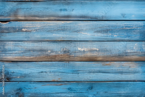 A vibrant blue painted wooden plank texture with visible grain and knots, perfect for a rustic or coastal themed backdrop in creative projects. photo