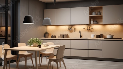 Modern kitchen with sleek beige cabinetry and hanging black and grey lamps over a wooden dining table. © Jacqueline