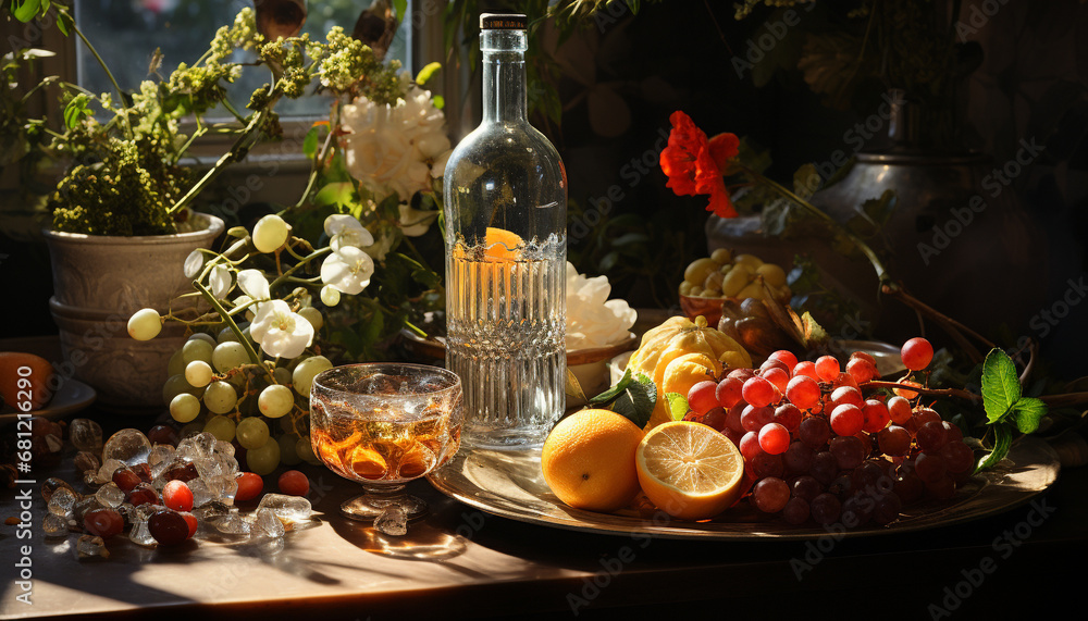 Freshness of nature on table fruit, wine, lemon, grape generated by AI
