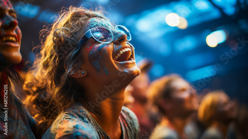 Teenage girl with vibrant face paint at urban music festival.
