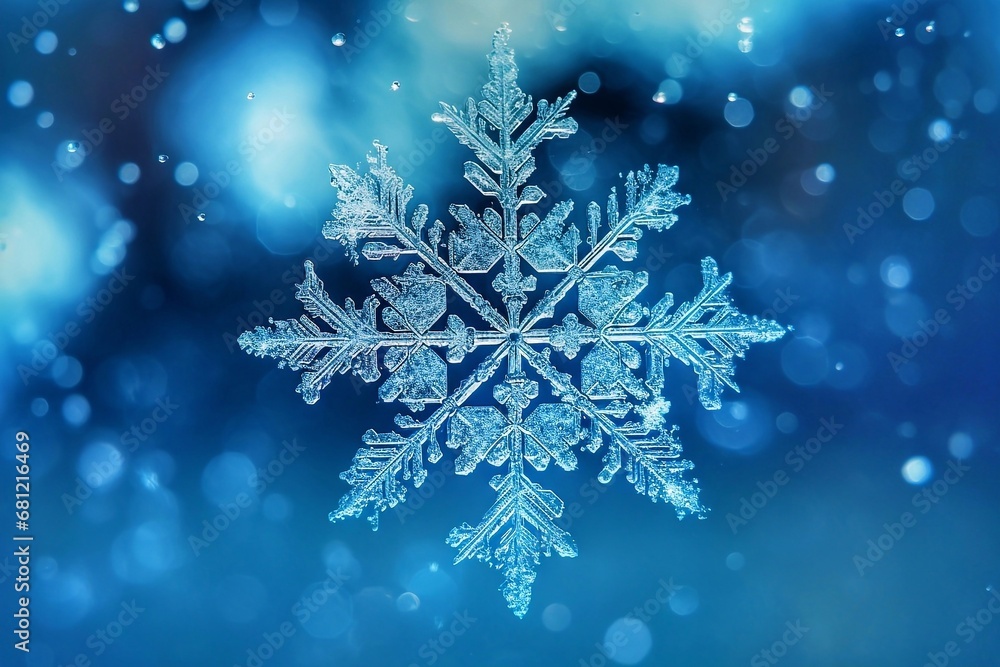 Beautiful snowflake on blue bokeh background, close up Beautiful snowflake on blue bokeh background, close up