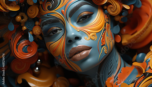 A woman face adorned with colorful patterns, representing diverse cultures generated by AI
