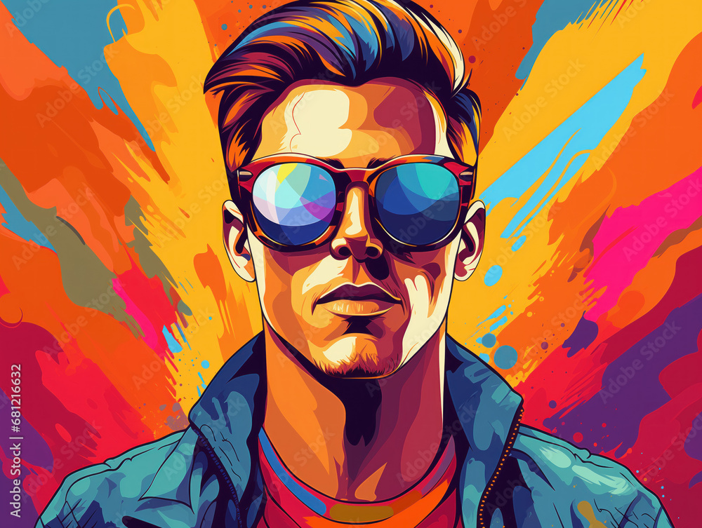 Flat illustration of fashion hipster guy wearing sunglasses, closeup portrait, Vibrant Pop Art Fusion. Flat illustration of fashion hipster guy wearing sunglasses, closeup portrait, Vibrant Pop Art Fusion.