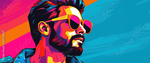 Flat illustration of fashion hipster guy wearing sunglasses, closeup portrait, Vibrant Pop Art Fusion. Banner with copy space