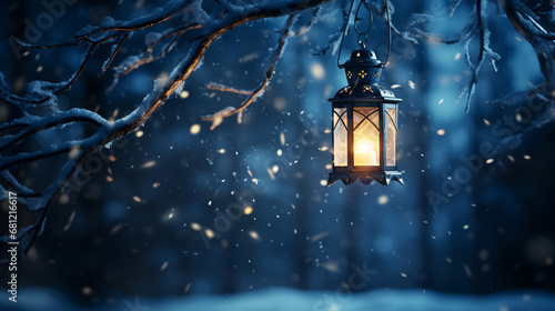 Christmas card with a Christmas lantern glowing on a snowy branch in the forest. Concept of magical holiday atmosphere. © LunaLu