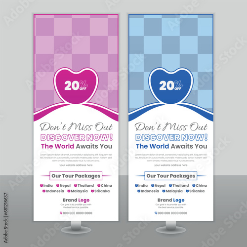 Modern Rollup banner design for a travel agency to promote their services with creative design concept.