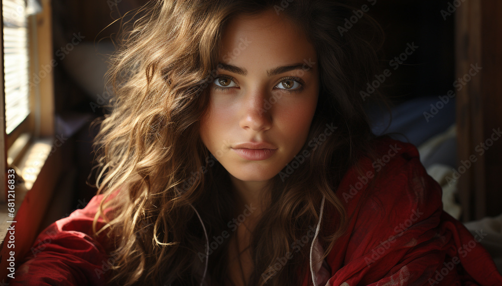 Fototapeta premium Young woman with long brown hair looking at camera, smiling generated by AI