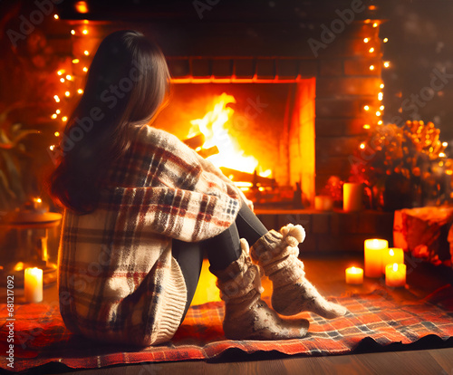 Young girl sitting and cozying up in sweater and woolen socks by a fireplace with candles.