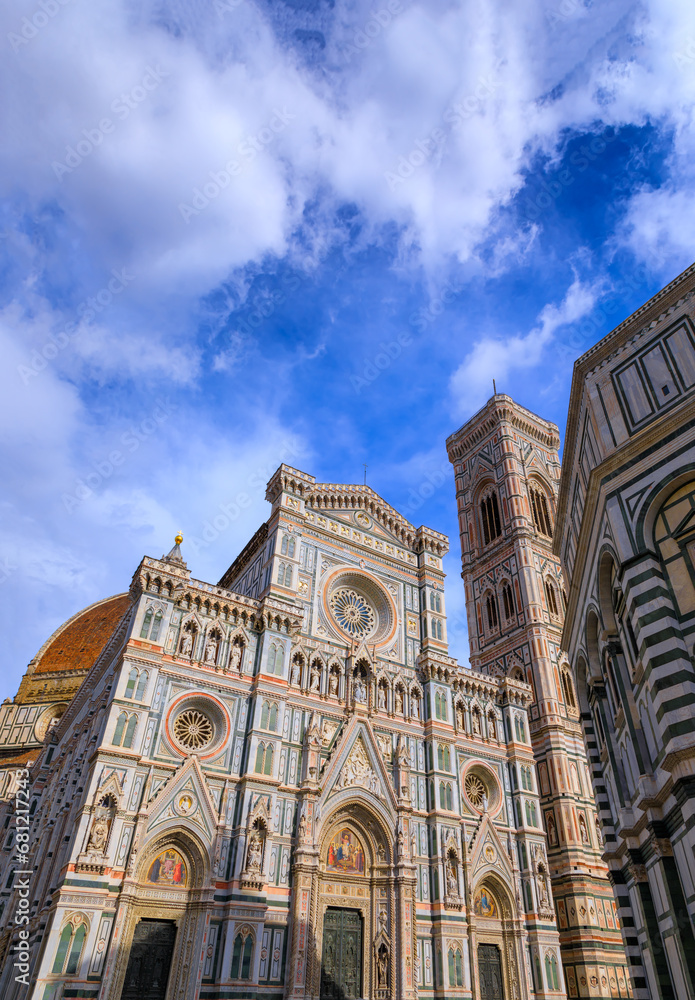 Typical urban view of Florence: the Cathedral of Santa Maria del Fiore with Giotto's Bell Tower and the Baptistery, Italy.