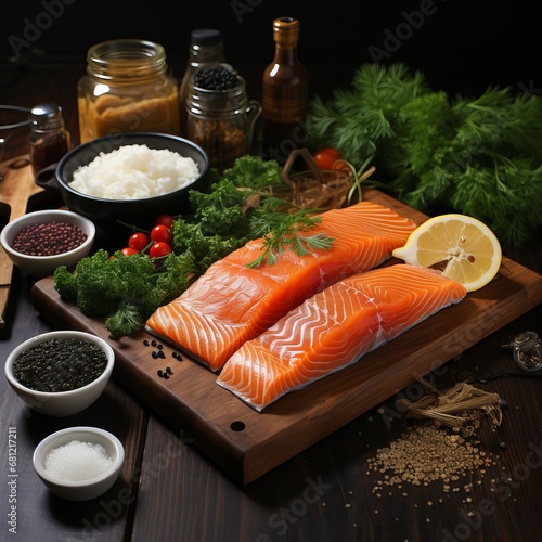 Fresh salmon stacked with lemon and herbs, Healthy food with omega-3, ready to cook. Concept: menu for culinary sites, restaurants or healthy food recipes.