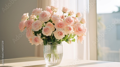 Bouquet of white-pink roses in a beautiful vase on table. Springtime blossom, rose bunch. Beautiful spring fresh flowers. Bright room flooded with sun. Floral romantic. Women’s holiday. Generated AI