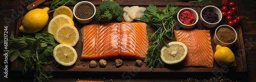 Fototapete Fresh salmon stacked with lemon and herbs, Healthy food with omega-3, ready to cook