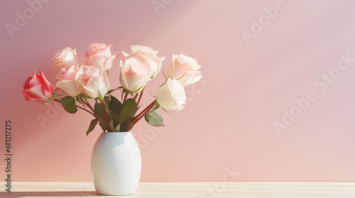 Wallpaper Mural Bouquet of white-pink roses in a beautiful vase on table. Springtime blossom, rose bunch. Beautiful spring fresh flowers. Bright room flooded with sun. Floral romantic. Women’s holiday. Generated AI Torontodigital.ca