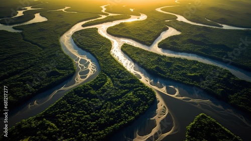 Tropical river flow through the jungle forest at sunset or sunrise. Amazon river flowing in rainforest, drone view