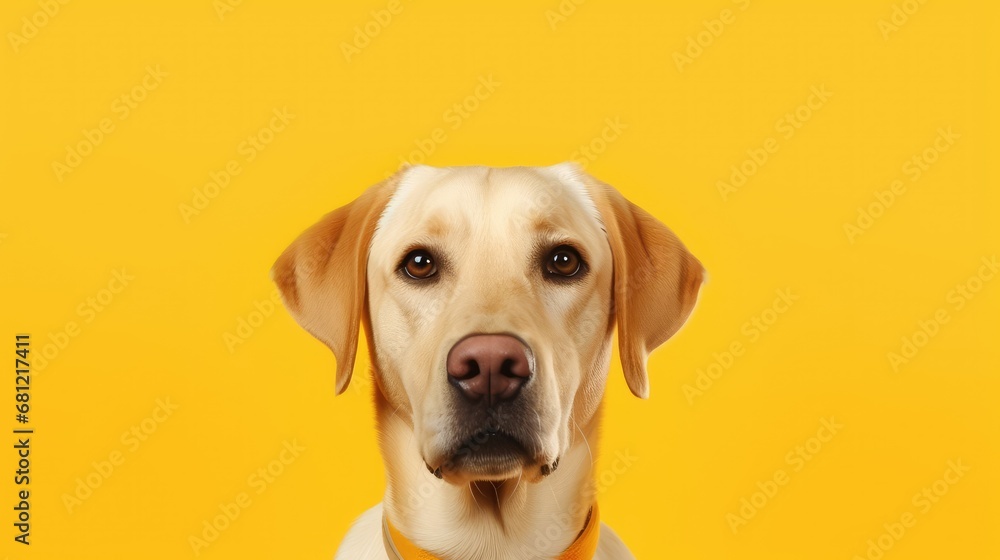 Close-up of joyful Yellow Labrador on clean yellow backdrop. Close-up of joyful Yellow Labrador on clean yellow backdrop.
