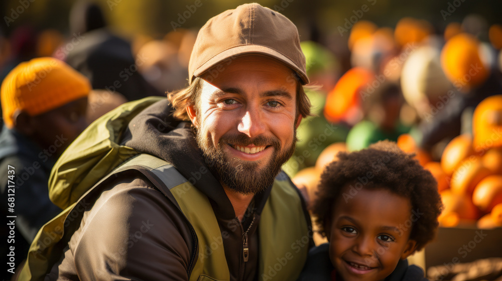 Fototapeta premium Smiling male volunteer providing food to refugee children.