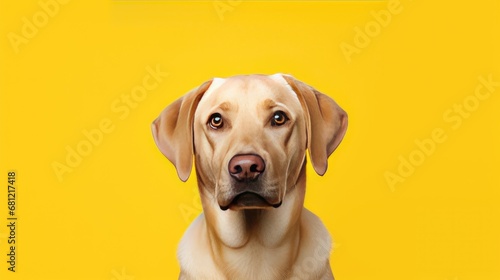 Close-up of joyful Yellow Labrador on clean yellow backdrop.
