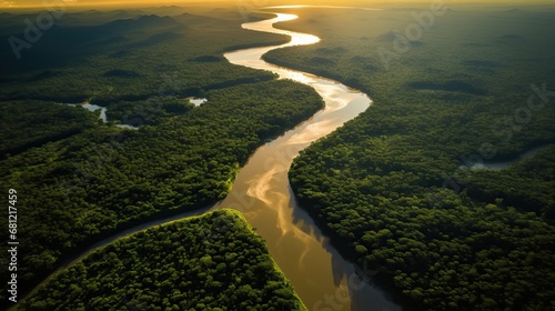 Tropical river flow through the jungle forest at sunset or sunrise. Amazon river flowing in rainforest, drone view