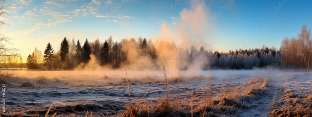 Cold season outdoors landscape, frost trees in a forest clearing ground covered with ice and snow, under the morning sun. Winter seasonal background - obrazy, fototapety, plakaty 