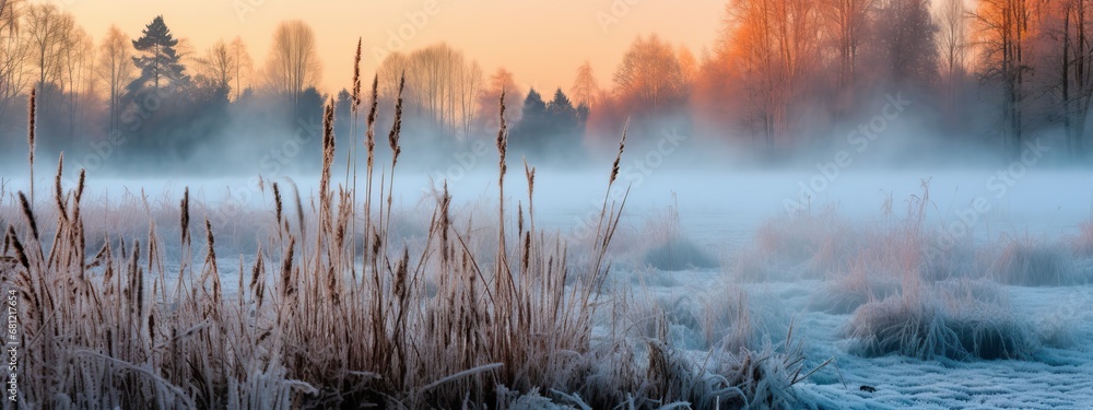 Fototapeta premium Cold season outdoors landscape, frost trees in a forest clearing ground covered with ice and snow, under the morning sun. Winter seasonal background