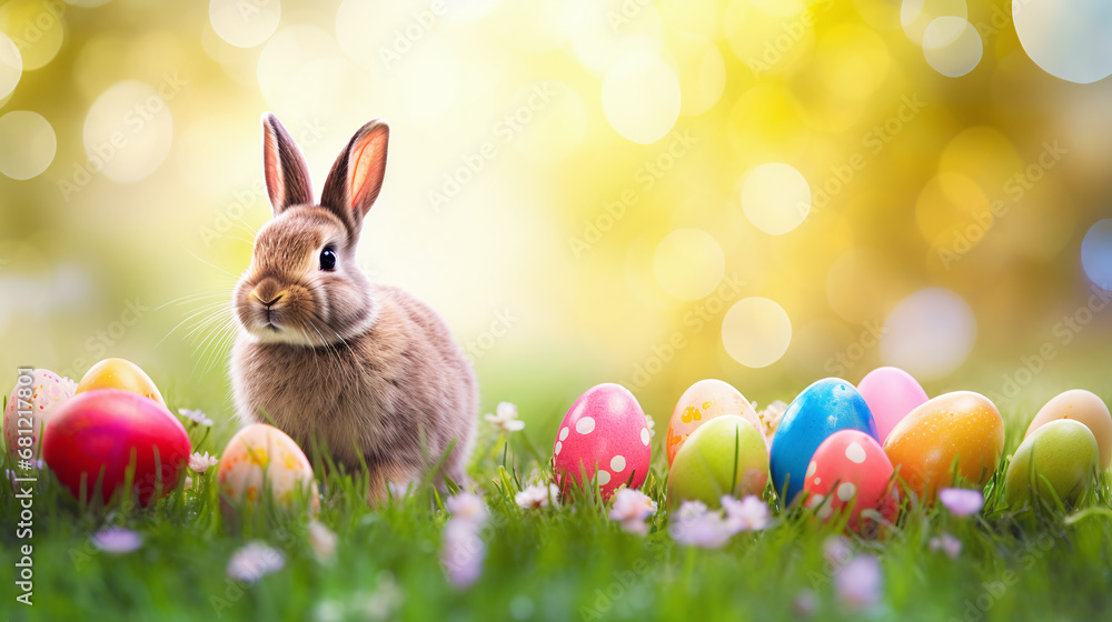 easter background - a bunny surrounded from easer eggs as decoration on a meadwo against golden bokeh background easter background - a bunny surrounded from easer eggs as decoration on a meadwo against golden bokeh background