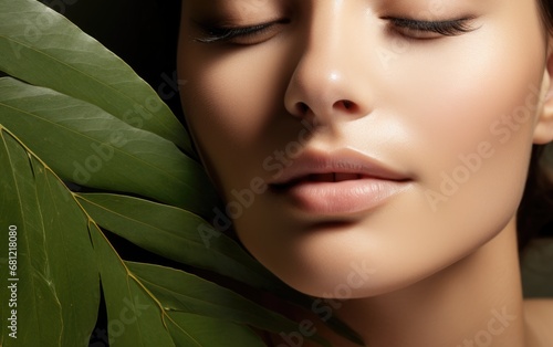 Beautiful woman with green leave near face and body. Closeup girl's face with green leave