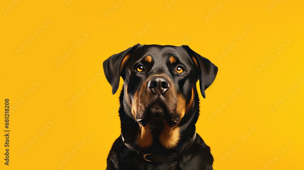 Obraz premium Close-up of joyful Rottweiler on clean yellow backdrop.