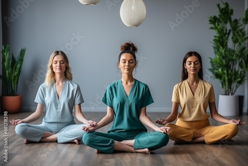 Healthcare workers participating in wellness activities or stress-relief exercises, highlighting self-care in the medical profession, creativity with copy space photo