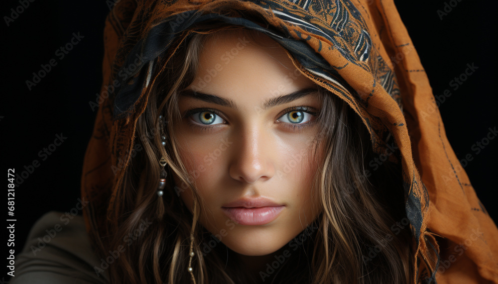 Beautiful woman with brown hair looking at camera with confidence generated by AI Beautiful woman with brown hair looking at camera with confidence generated by AI