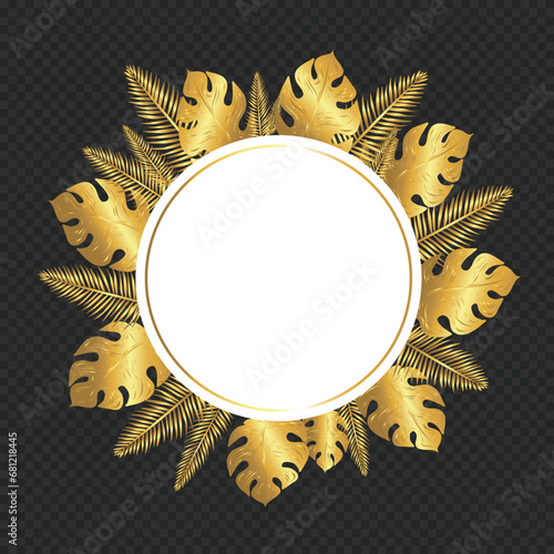 Vector Frame Template with Shiny Fortuna Gold Tropical Palm, Cypress Leaves Frame Neon Magenta and Blue Palm Leaves Round Frame Modern and Trendy Super Sale on a Black Friday Shopping Round Banner