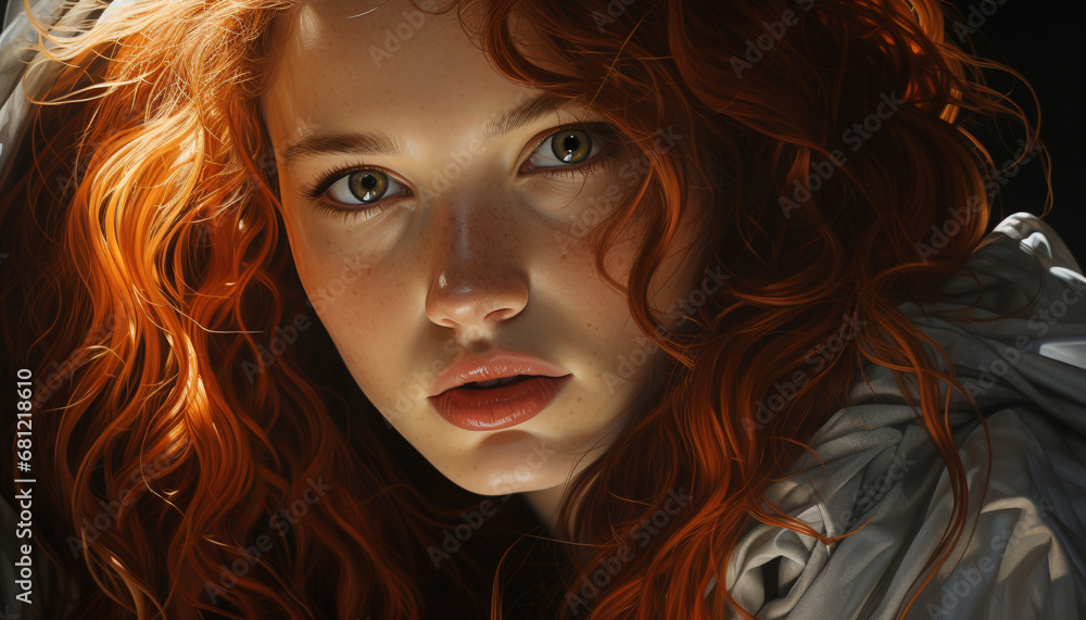 Beautiful woman with curly hair looking at camera outdoors generated by AI Beautiful woman with curly hair looking at camera outdoors generated by AI