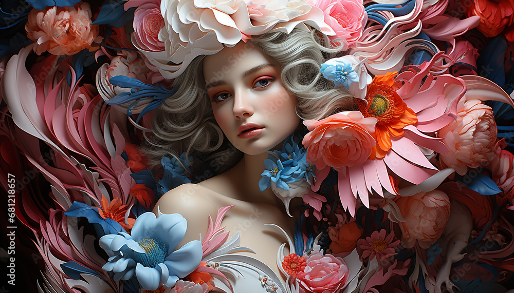 Beautiful young woman with curly blond hair and floral decoration generated by AI Beautiful young woman with curly blond hair and floral decoration generated by AI