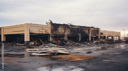 Burnt down cafe on the street as a result of a strong fire