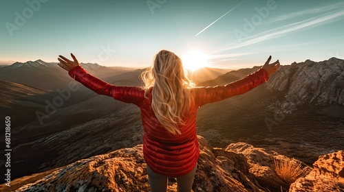 A young woman, alone in nature, seen from behind in front of a canyon, ready to cross the desert, a journey through the difficulties and trials of life, towards the unknown, adventure freedom photo