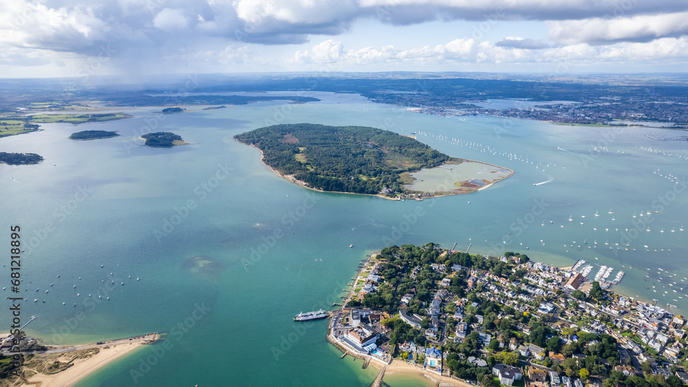 amazing aerial panorama view of National Trust Brownsea Island in Bournemouth, Poole and Dorset, England.