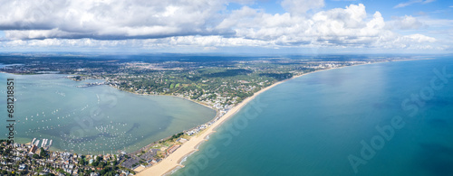 amazing aerial panorama view of Sandbanks Beach and Cubs Beach in Bournemouth, Poole and Dorset, England.