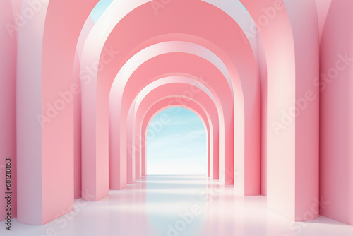 Futuristic round arch with light for mockups  showcase and display products. Atmospheric escapism peach color installation.